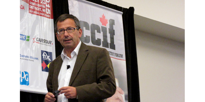 Keynote speaker David Lingham, director of Orbis Business Impact, discusses global trends at the CCIF Special Event on Global Trends: Changing the Course of the Collision Repair Business in Canada.