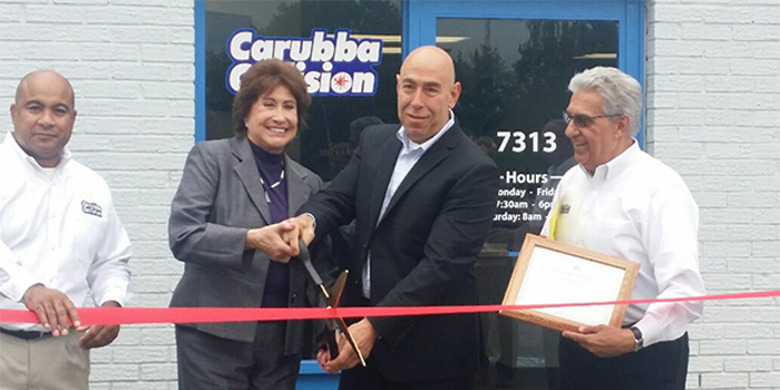 From left, Yves Pierre, shop manager; Supervisor Jessica Zambrano; Carubba Collision Corp. President Joe Carubba and Carubba Collision Public & Community Relations Manager, Lou Fasolino, cut the ribbon at the Official Grand Opening of Carubba Collision’s new Syracuse, N.Y., shop.