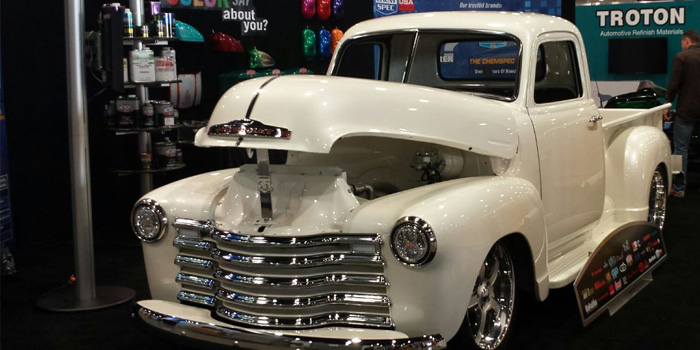 The 1949 Chevrolet Truck painted in a Pearl White tri-coat.