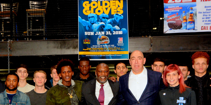Carubba Collision Corp. President and CEO Joe Carubba and NYS Golden Gloves President Don Patterson (center) are joined by young boxing hopefuls who will be competing in the Carubba Collision New York State Golden Gloves.                                                                                                                                                                   